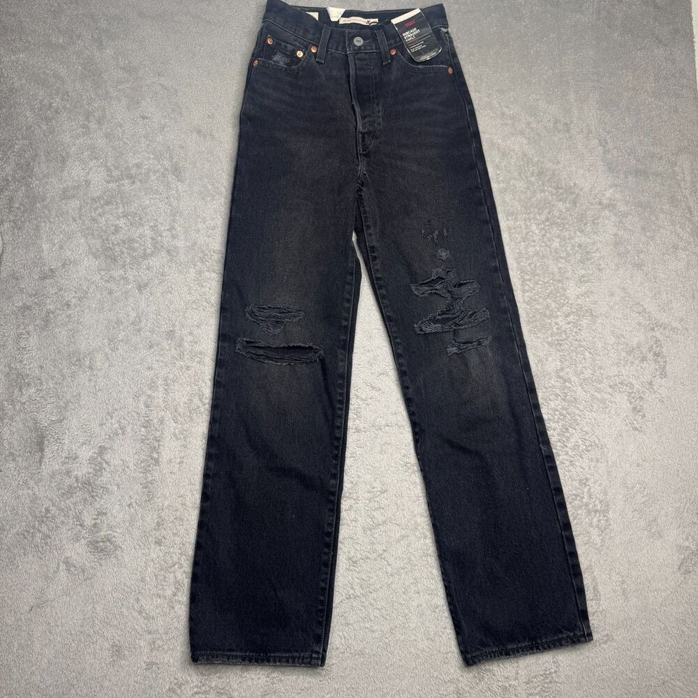 Levi's Ribcage Straight Ankle Jeans Women 23x29 Black Denim High Rise Distressed